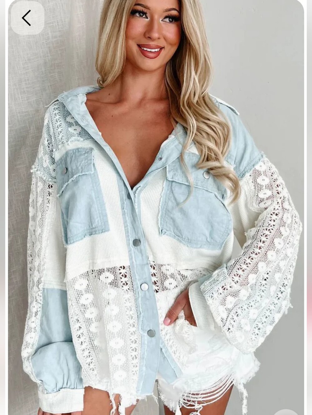 POL "Be The One" Chambray Denim and Crochet Lace Boho Shacket